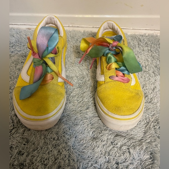 Vans Girls Old Skool Yellow Suede Rainbow Check Ribbon Sneakers Size 12 - Picture 2 of 7